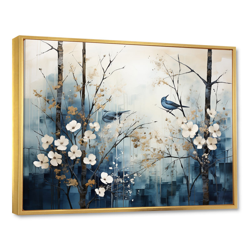 «Blue and White Forest Winter Harmony I», art mural sur toile, Cadre flottant doré, H 34 po x l 44 po x P 1,5 po