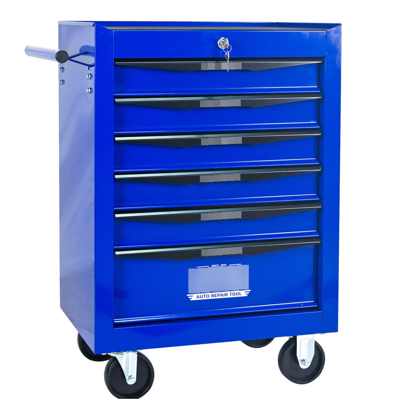 Armoire 6 coffres à outils, acier noir et bleu de 20 po, glissières de tiroir à roulement, 4 roues, verrouillable, chariot d'atelier à poignée à tirer, matériau en acier, + bleu, tiroirs, conception verrouillable