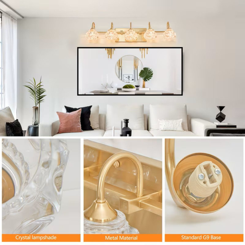 Luminaire de miroir de salle de bain doré de 29,1 pouces, luminaire de miroir de salle de bain 5 lumières avec abat-jour en cristal, applique murale de miroir moderne (base G9) pour salle de bain, salon, armoire à miroir, coiffeuse, vestibule et couloir