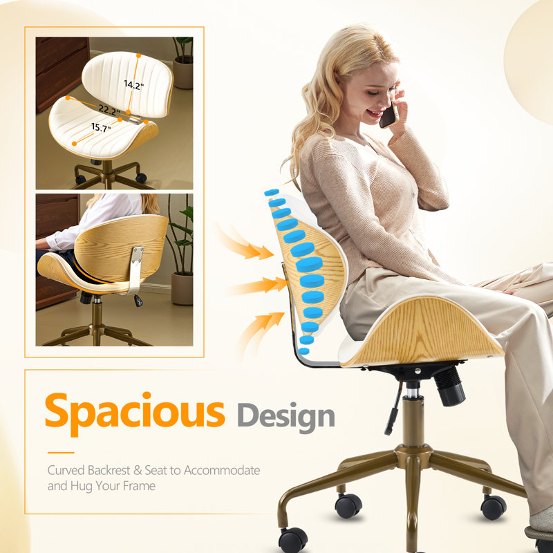 PU Curved Office Chair With Antique Bronze Base, White