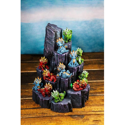 Medieval Mini Metallic Baby Dragons With Rock Mountain Display Figurine Set