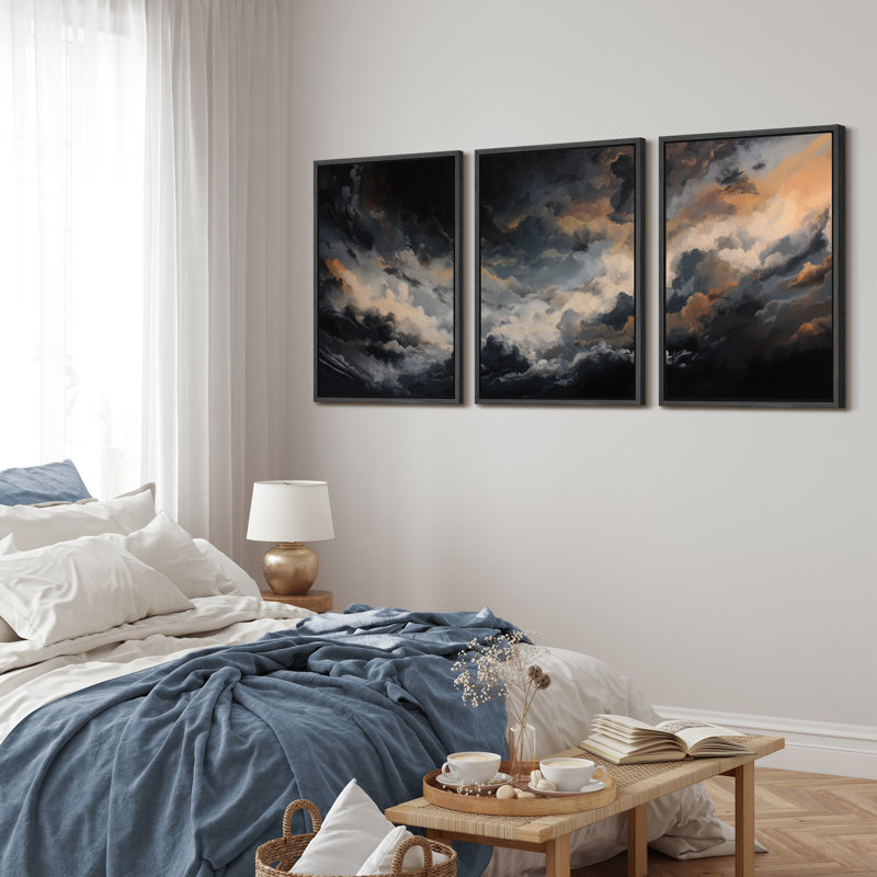 Stormy Dramatic Cloudscape Triptych – Pictures Framed Canvas Print 3 Pieces Wall Art, 24" H x 48" W x 1.5" D, Black Frame