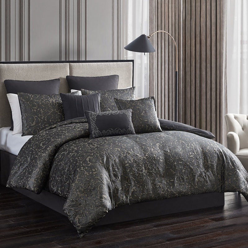 Ensemble d'édredon 5 pièces Delery, Édredon grand + 2 taies décoratives + 3 coussins, Gris anthracite