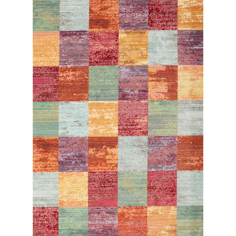 Tapis contemporain rouge / jaune, Rectangle 4 pi x 6 pi