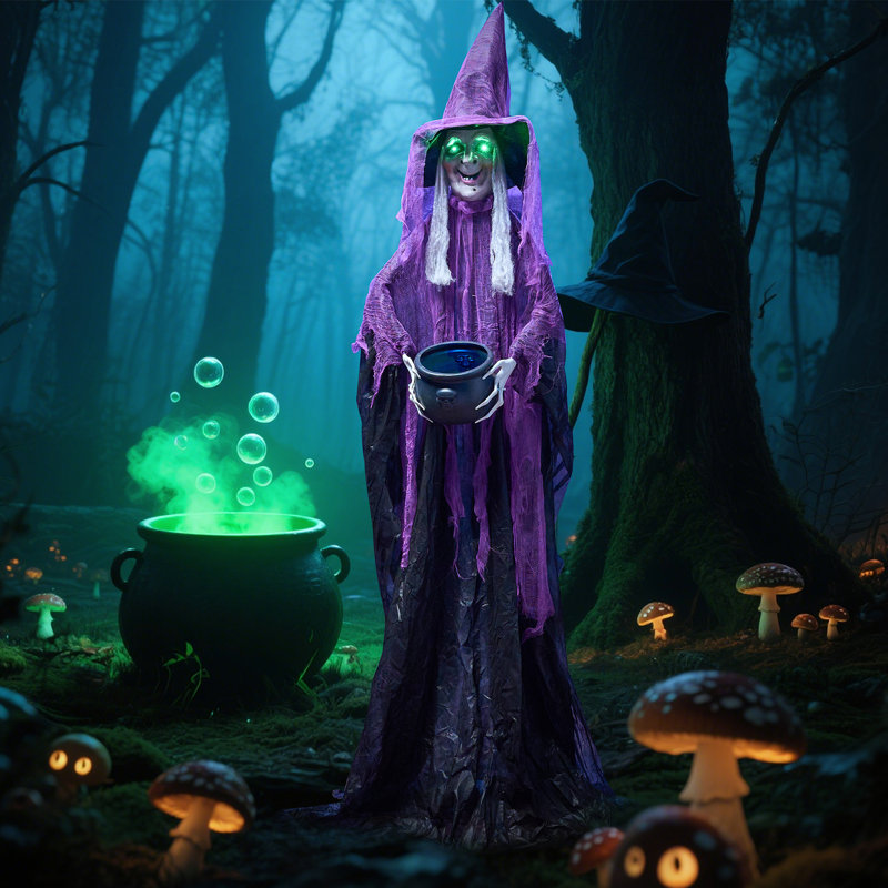 72 po Décorations d'Halloween sorcière debout avec chaudron