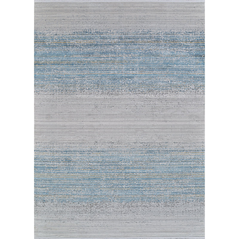 Tapis abstrait en bleu, or et ivoire, Rectangle 6 pi 6 po x 9 pi 6 po