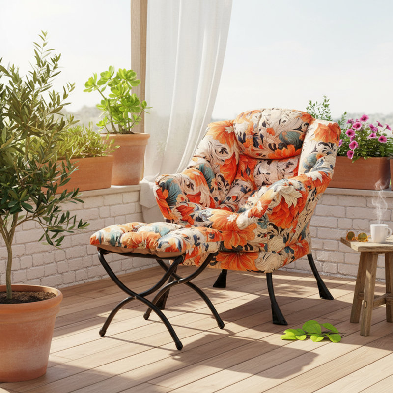 Fauteuil paresseux et rembourré Abramson, Imprimé de velours blanc, orange, bleu, Non