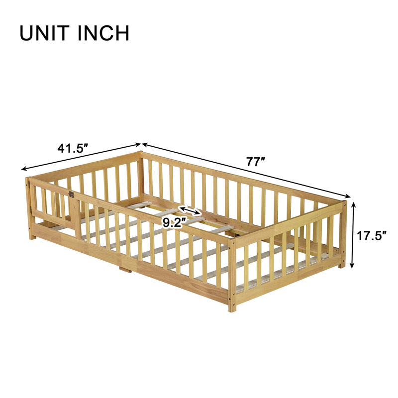 Lit de plancher avec clôture et porte, lit de plancher en bois d'hévéa avec garde-corps de sécurité