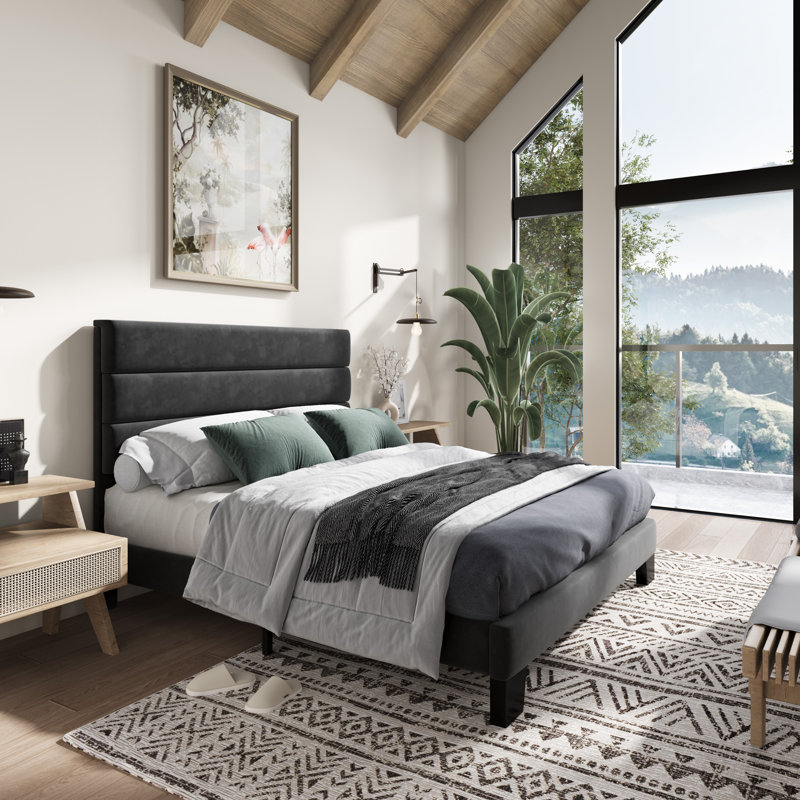 Lit plateforme Elison avec tête de lit tapissier en tissu et lattes en bois, Double, Noir