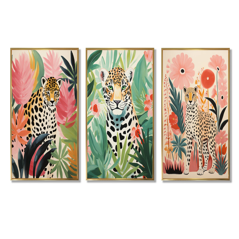 «Green and Pink Leopard Tropical Elegance I», ensemble de 3 reproductions d'art léopard, Cadre flottant doré