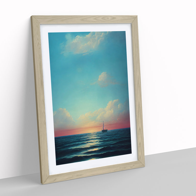 Boat Seascape - Print, 66cm H x 48cm W x 2cm D, Oak Framed, White