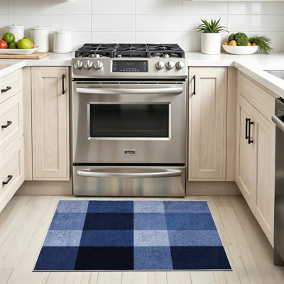 Blue Abstract Indigo Checked Fabric Plaid Navy Check Denim Jeans Backdrop Machine Washable Indoor Area Rug