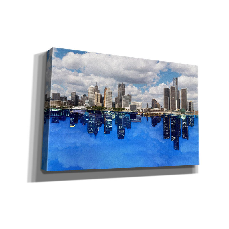 «Detroit Skyline, Michigan 92» par Monte Nagler, reproduction d'art sur toile, H 26 po x l 40 po x P 1,5 po