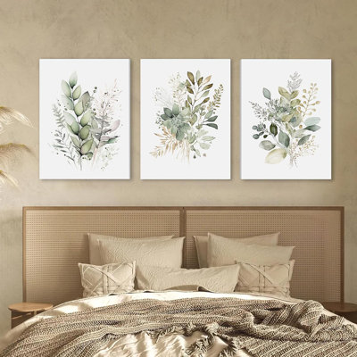 Sage Green Botanical Wall Art Set of 3, Watercolor Eucalyptus & Wild Plant Canvas Prints, Minimalist Green Wall Decor for Living Room Bedroom Bathroom, 12x16 Inches