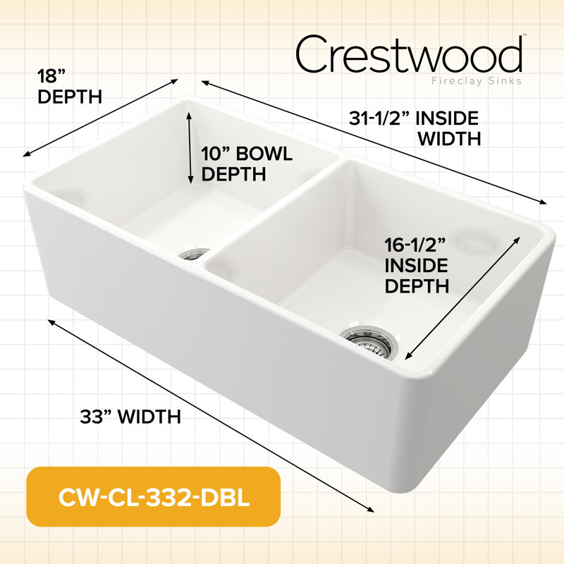 33" Crestwood Fireclay Kitchen Sink, Farmhouse Sink, Rectangle Double Bowl Apron Front, Plain Ceramic Farm sink, White