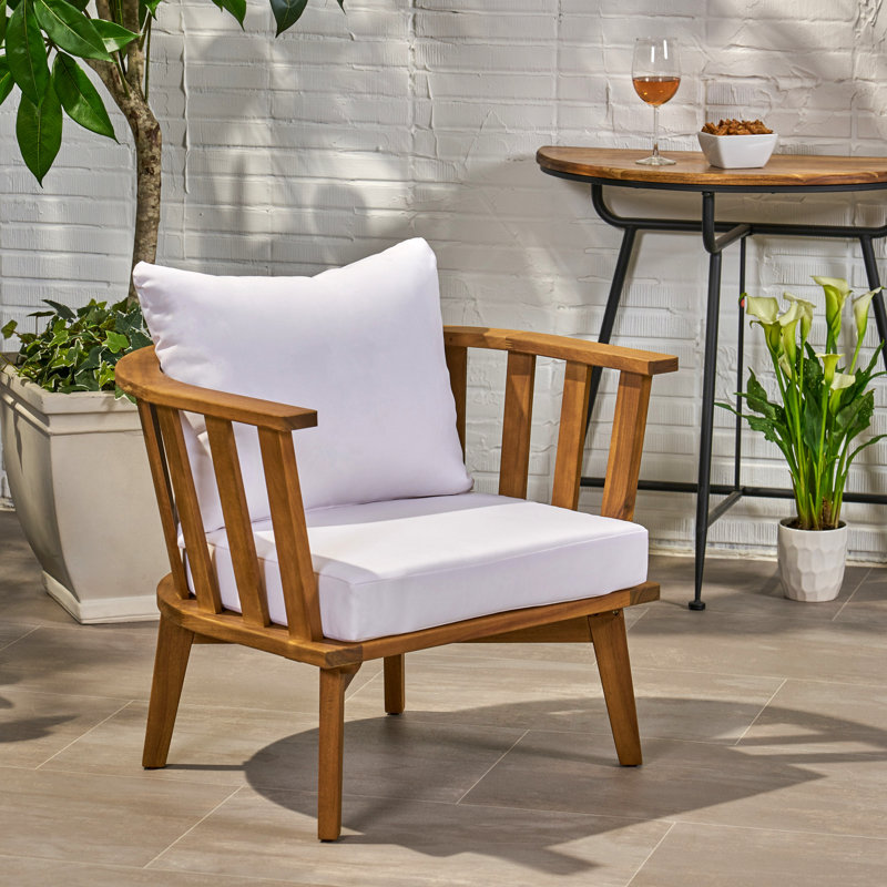 Outdoor Acacia Wood Patio Club Chair, Wooden Patio Furniture,Waterproof Thick Cushion Deep Seating For Porch, Garden, Backyard, Balcony, Weight Capacity 400Lbs, Teak Finish, White