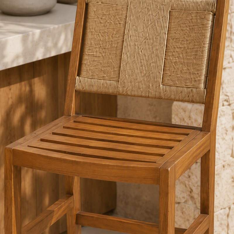 4 pièces Tabouret de bar d'extérieur naturel en bois d'acacia massif et osier tissé
