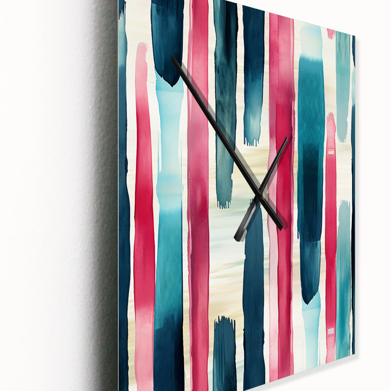 Motif rayé bleu et rose - Horloge murale moderne surdimensionnée, H 28 po x l 12 po x P 1 po