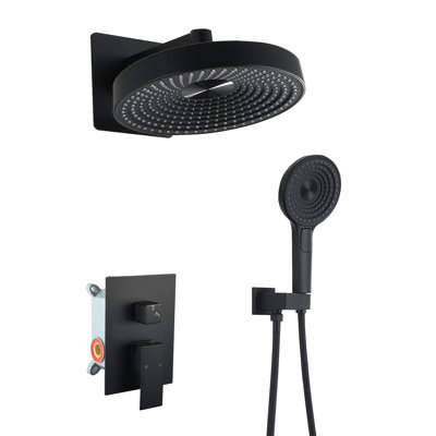 Modern 2-Function Set Minimalist Concealed Shower System - Solid Brass Control Valve, ABS Overhead & Handheld Shower with Self-Cleaning Silicone Nozzles