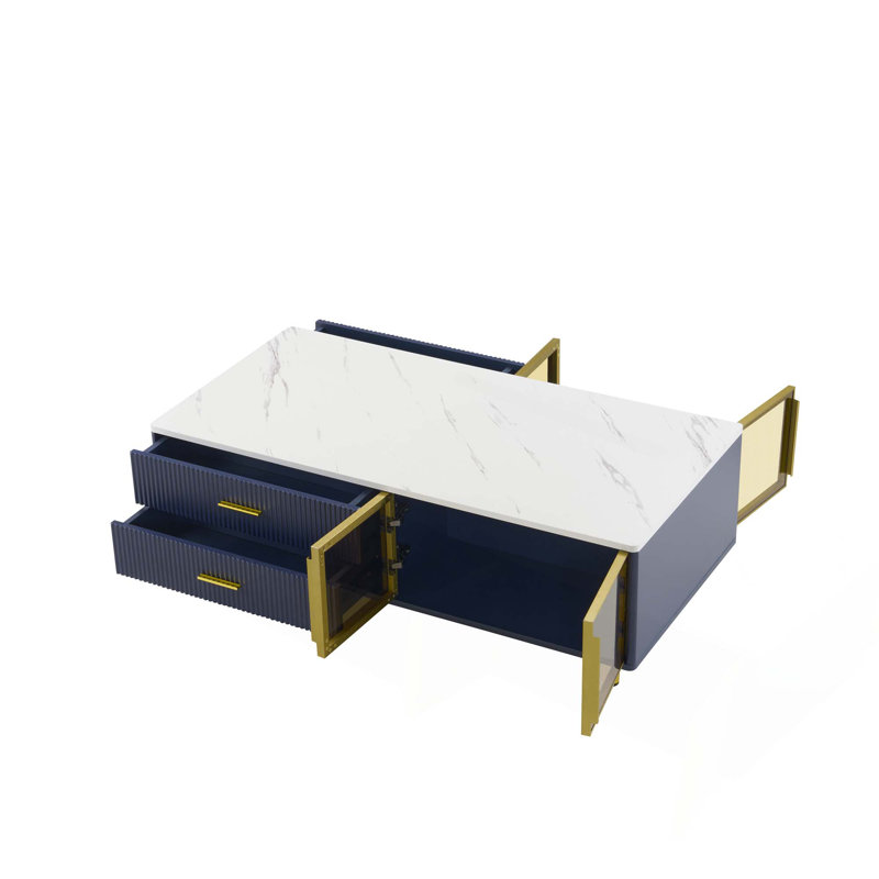 Rectangular Coffee Table with 2 Glass Door Storage, 4 Drawers, Gold Metal Legs, and Multi-Color Lighting in 47.2'', Navy Blue