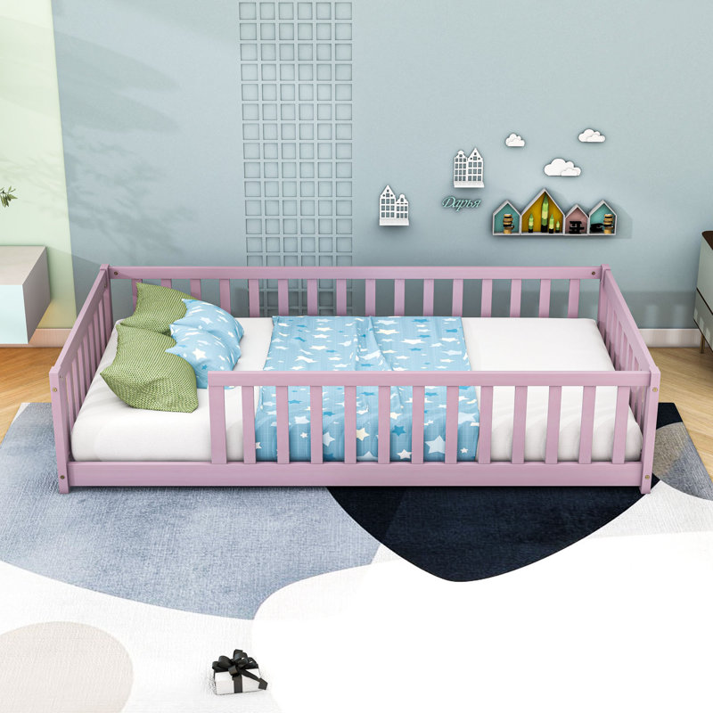 Twin Wooden Floor Bed With Guardrails And Slats, Pink