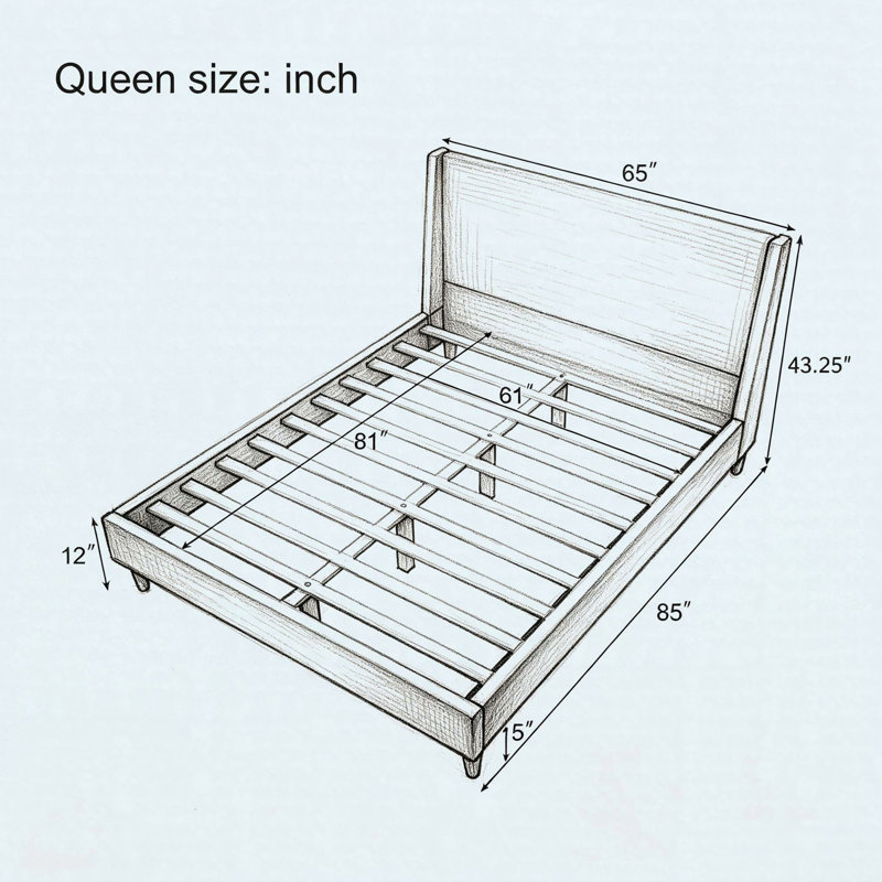 Lit plateforme tapissier moderne avec tête de lit à oreilles et pieds en bois de noyer, avec sommier tapissier Modern, Beige