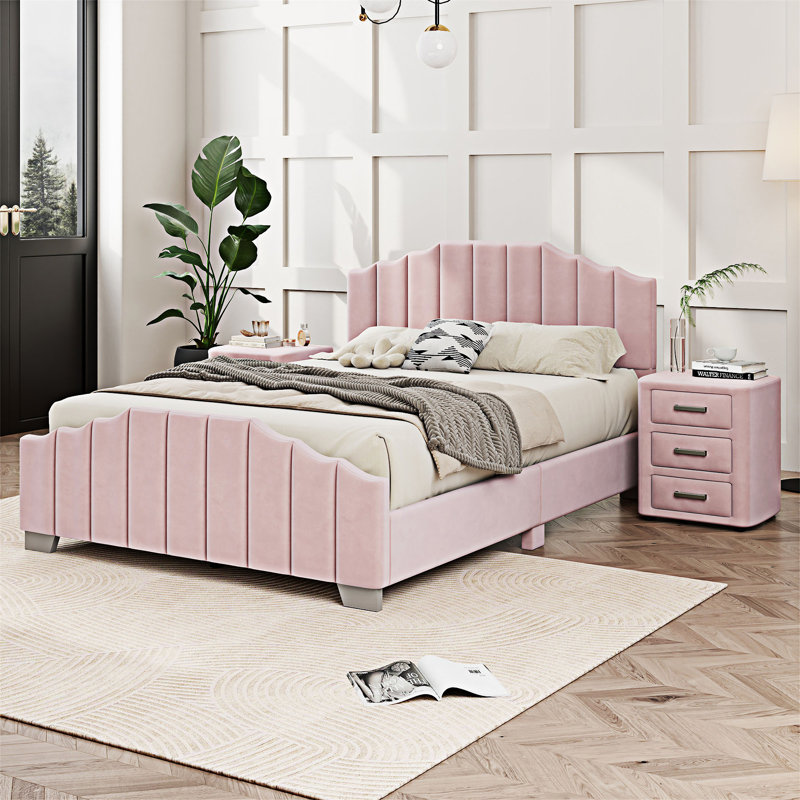 Velvet Upholstered Platform Bed, Full / Double, Pink