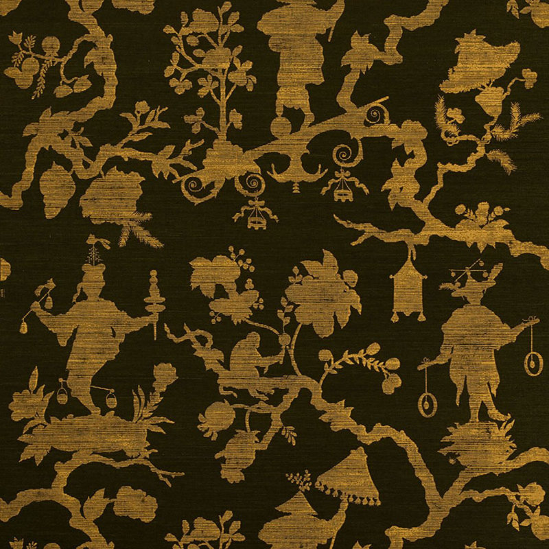 Papier peint silhouette en sisal Shantung, Or sur jais