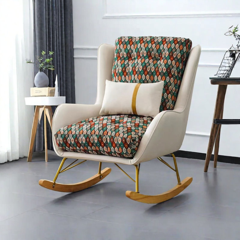 Chaise berçante luxueuse en tissu floral moderne, Vert / Rouge / Orange