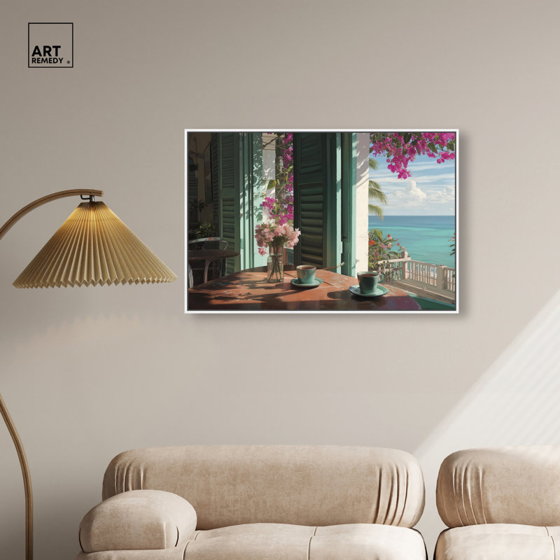 «Morning Coffee Ocean View», reproduction d'art sur toile encadrée par Art Remedy, cadre blanc, 36 x 24, 25"H x 37"W