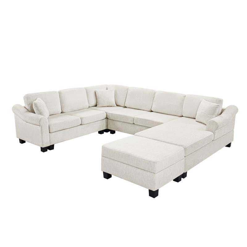 Canapé modulaire en chenille blanc en forme de U de 111,8 po pour espace de vie principal avec rangement mobile, 6 sièges, accoudoirs roulés et dossier rembourré, offrant une expérience d'assise confortable