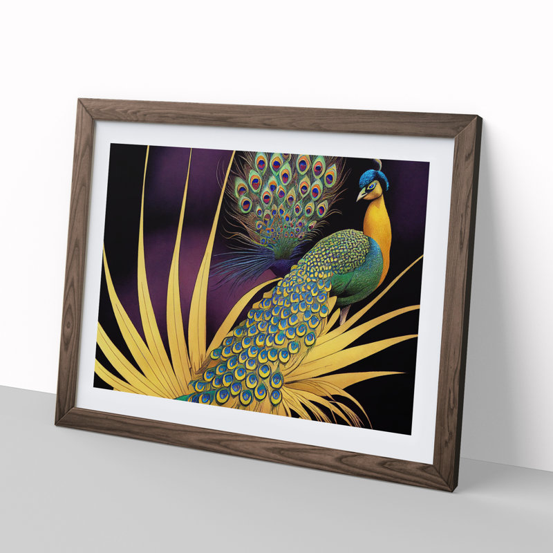 Captivating Peacock - Single Picture Frame Print, Walnut, 46cm H x 64cm W x 2cm D
