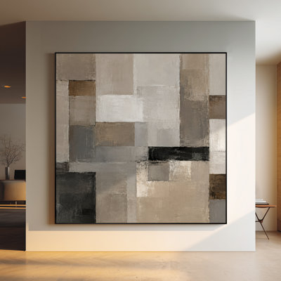 Très grand art mural imprimé sur tissu - Beige brun abstrait à motif géométrique de blocs rectangulaires, décoration de bureau moderne - "Assemblage requis (cadre non fini)"