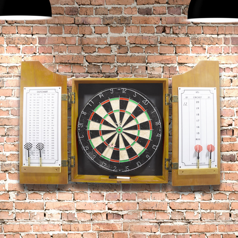 Solid Pinewood Dartboard Cabinet Set with Steel Tip Darts