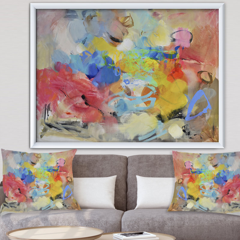 «Blue and Yellow Color Spatters III», reproduction d'art sur toile encadrée, H 30 po x l 40 po x P 1,5 po, Cadre blanc