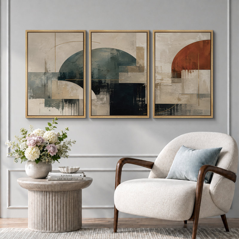 «Teal Rust Arch», art graphique abstrait, images de bureau, impression sur toile encadrée, 3 pièces, Cadre naturel