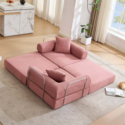 Modular Convertible Sofa Bed For Small Spaces, No Assembly Required, Removable Armrests, Corduroy Upholstery, Pink