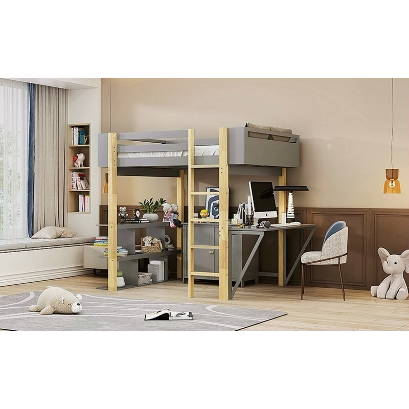 Lit mezzanine en bois de taille Kitzie avec armoire de rangement intégrée et cubes, bureau pliable, Gris, Lit simple