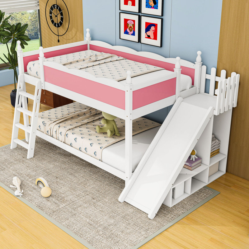 Lit superposé double en bois avec glissière et tablettes de rangement, Pink White