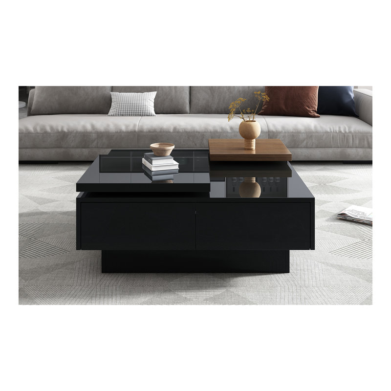 Table basse à plateau mobile, table basse carrée moderne en bois avec finition ultrabrillante, 4 tiroirs de rangement cachés pour le salon