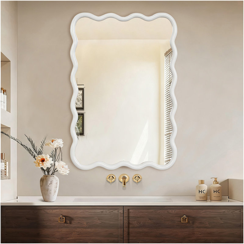 Miroir décoratif rectangulaire en bois massif ondulé blanc 24 po x 36 po, pour chambre à coucher, salle de bain, salon, vestibule