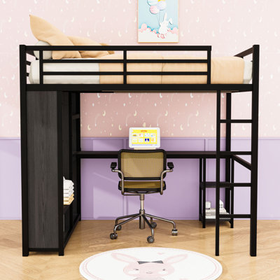 Loft Bed with Built-In Wardrobe, Desk, Storage Shelves and Guardrails
