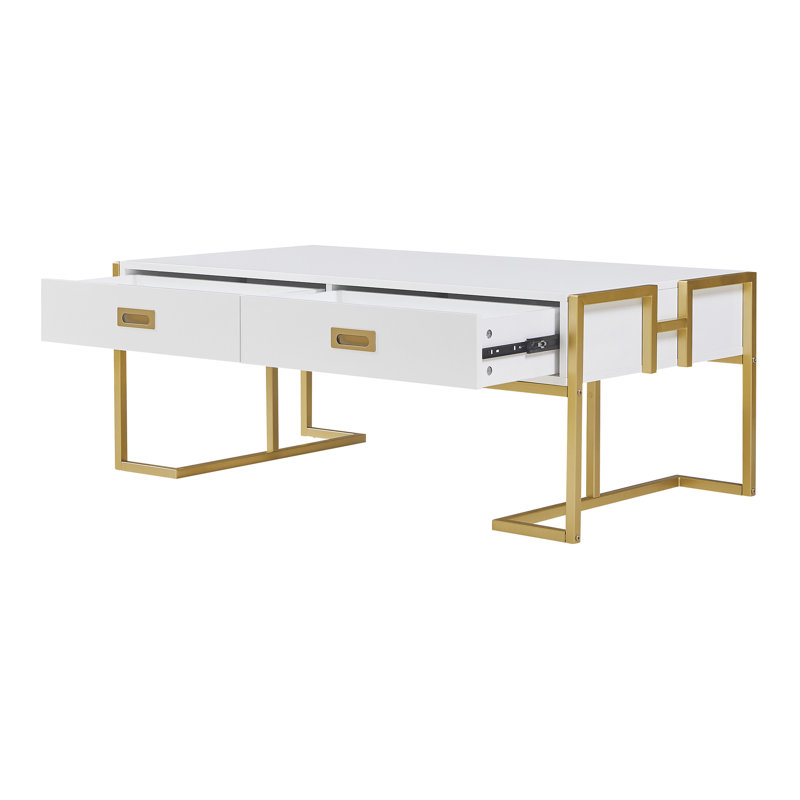 Table basse moderne blanche avec 4 tiroirs et base dorée - Rangement élégant pour les salons