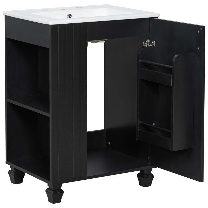 Meuble-lavabo de salle de bain avec lavabo, armoire avec tablette de porte, rangement latéral, cadre en bois massif et porte à fermeture douce pour une utilisation pratique