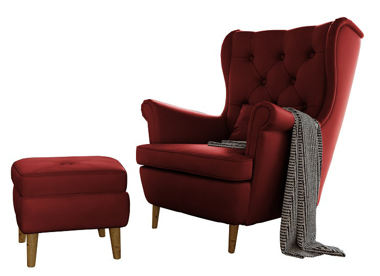 Lattingtown Wingback Chair with Footstool, Wine Velvet