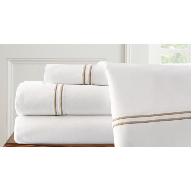 1000 Thread Count Sheet Set, Queen Sheet Set + Fitted Sheet + 2 Pillowcase, White / Warm Sand