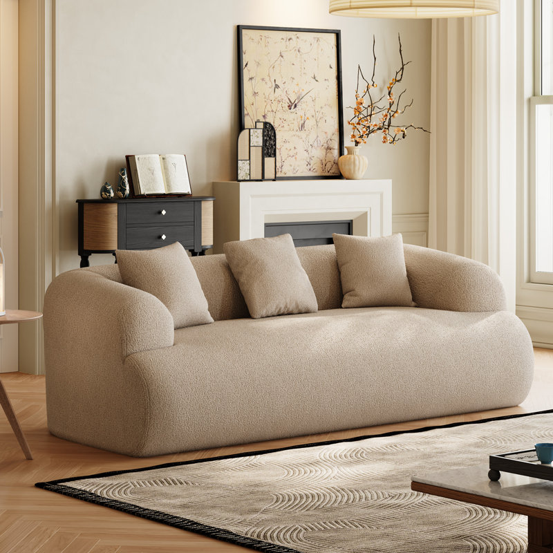 Boneless Modern Curved Sofa Compression Couch, Light Brown, 27.5" H x 90.5" W x 41" D