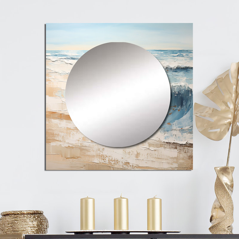 Miroir mural de salon Glinder - Golden and Blue Beach Tranquility I Coastal Beach Square, 36 po x 36 po