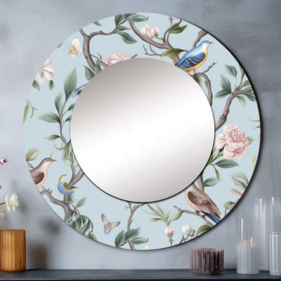 Minimalism Bird On Flowers VII - Bird Mirror, Modern Round Unique Wall Mirror, Printed Metal Art