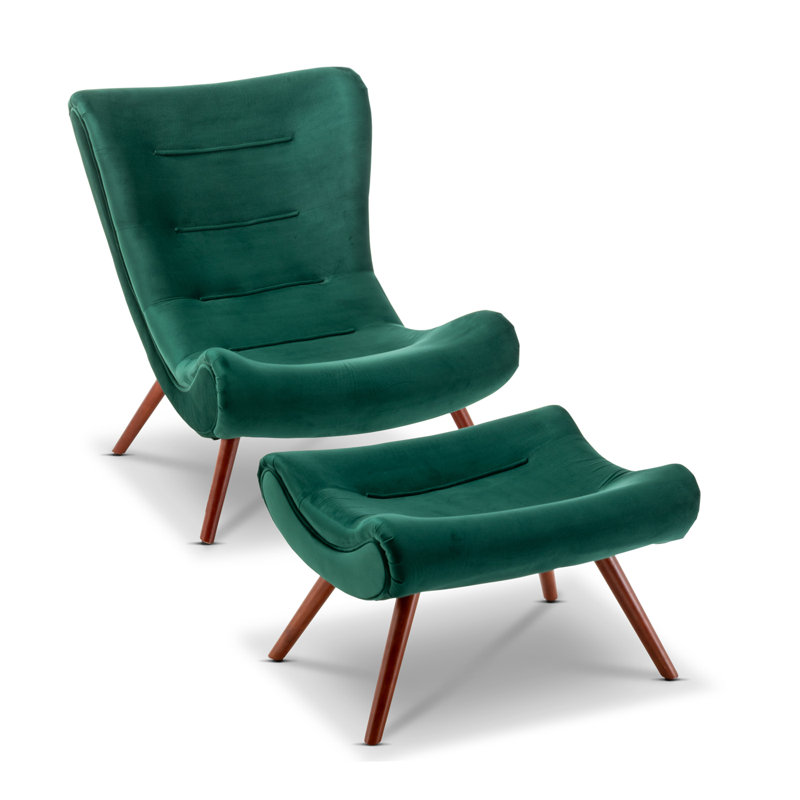 Bertita Upholstered Accent Chair with Footstool, Emerald Green
